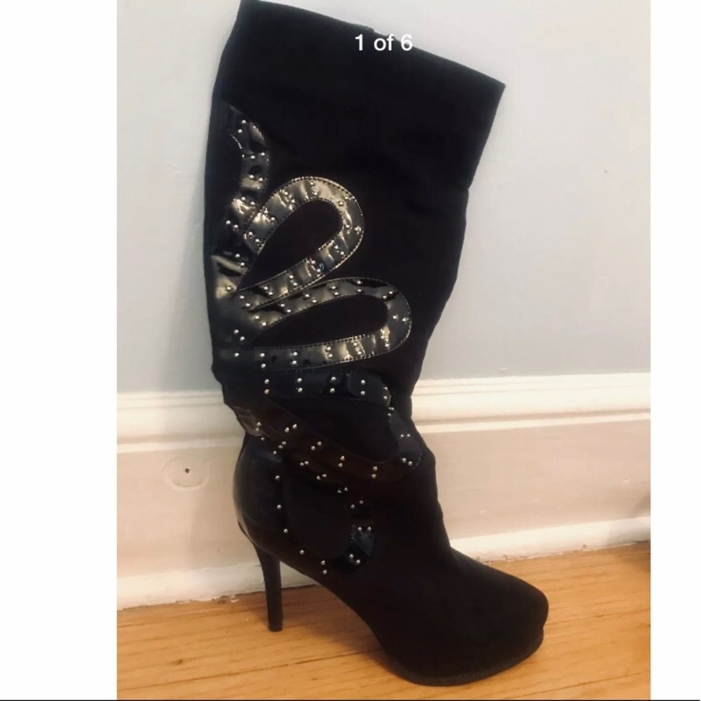 2 Lips Too platform heel boots, black, size 8.5